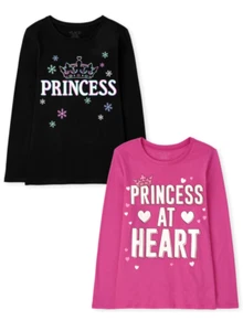 The Childrens Place Girls PRINCESS Graphic Tee-2 pack- Medium (7/8) Long Sleeve - Picture 1 of 6