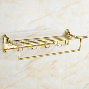 Golden Towel Rack Shelf Bathroom Foldable Wall Mount Shower Clothes Hanger Hooks - Picture 1 of 4