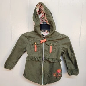 Little Lass Jacket Girls 4 Hooded Full Zip Floral Lined Embroidered Pink Bow - Picture 1 of 9