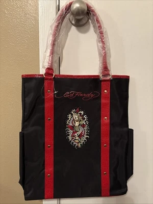 Ed Hardy por Christian Audigier: Bolsa tote vintage de tatuagem de sereia (preta e vermelha) - Imagem 1 de 4
