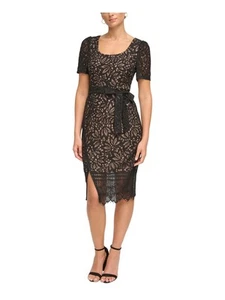 KENSIE DRESSES Womens Black Lined Tie Belt Short Sleeve Sheath Dress 6 - Picture 1 of 3