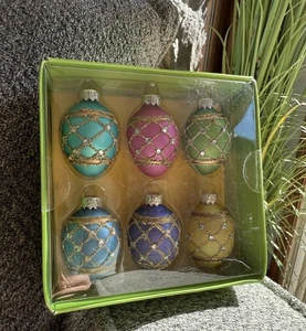 NUOVO Pier 1 Imports Scatola di 6 Ornamenti Uovo Vetro Strass Glitter Pasqua - Foto 1 di 6