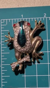 Vintage Emaille Strass Frosch Brosche grün rote Augen funkelnd. 1C2 - Bild 1 von 5