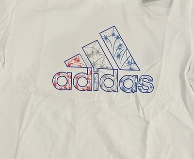Camiseta Adidas Adolescente Blanca Americana Multicolor Logo Fuegos Artificiales Talla Pequeña Foto 1 de 4