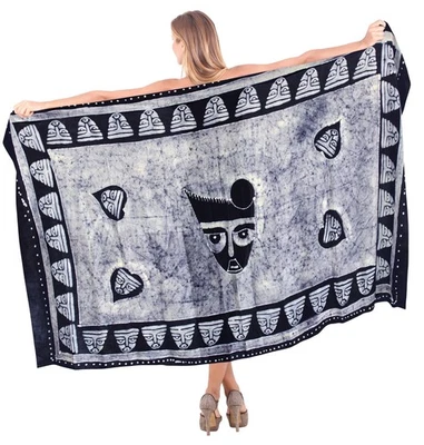 LA LEELA Rayon Swimwear Pareo Long Suit Sarong Batik 78"X42" Navy Blue_4340 - Image 1 of 3