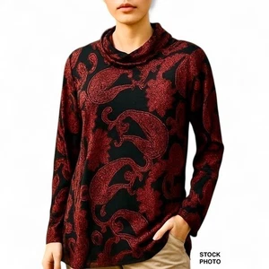 Top tunica Susan Graver rosso nero paisley taglie forti 1x collo increspato elasticizzato vacanza - Foto 1 di 9