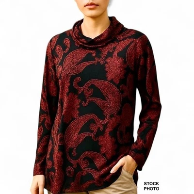 Top túnica Susan Graver rojo negro cachemir talla grande 1X cuello acanalado elástico vacaciones Foto 1 de 4