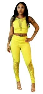 Solid Color Lace Patchwork Top And Pants Two Piece Set (S-2XL) GABS BY FIELDS - Picture 1 of 2