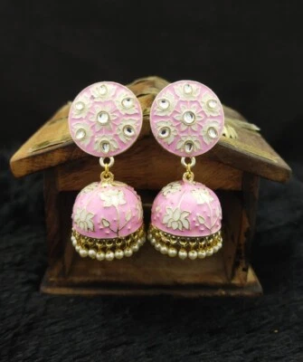 宝莱坞风格镀金印度 Meenakari 珠宝 Kundan 珍珠 Jhumka 耳环 — 第 1/4 张图片