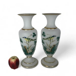 Pair of Large Victorian Bristol Glass Hand Painted Frosted Glass Vases - Picture 1 of 8