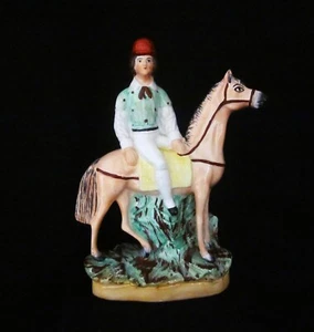 Staffordshire Jockey Equestrian on Horse 7" Flatback Figurine Vintage England - Picture 1 of 6