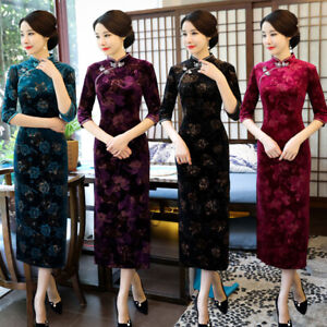 Lady Cheongsam Velvet Half Sleeve Qipao Dress Retro Floral Bodycon Split Slim