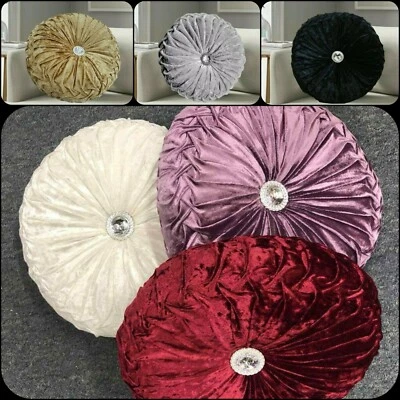 New Soft Crushed Velvet Round Cushion Filled 14" x 14" Stitched with Diamond  - image 1 of 2