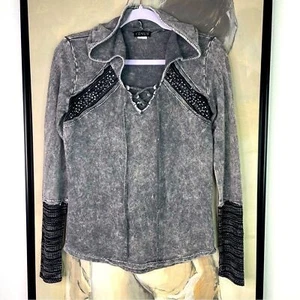 Venus Distressed Sequin Faux Layered Gray Hooded Shirt - Picture 1 of 5