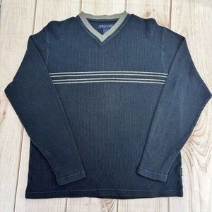 Vintage Structure Navy with Gray Stripes V Neck Waffle Shirt 100% Cotton Medium - Picture 1 of 8