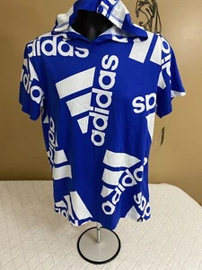 Adidas All Over Print Blue Lightweight Short Sleeve Hoodie Teens Size XL 18/20 - Picture 1 of 13