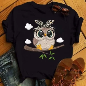 Damen Eule Print T-Shirt Freizeit Grafik Kurzarm O-Ausschnitt Tee Oberteil Bluse - Bild 1 von 10