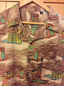 Retro Pineapple Connection Men's Brown Sailboat Hawaiian Rayon Camp Shirt S - Picture 1 of 3