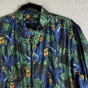 Zara Man Bomber Jacket sz L Green Blue Floral Zip Up Tropical Palms Lightweight - Picture 1 of 17