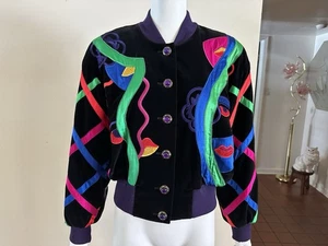 1990s Escada Black Velvet Surrealist Portrait Appliqué Bomber Jacket Sz 40 VTG - Picture 1 of 24