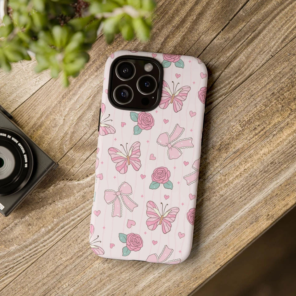 Butterfly Floral Tough Phone Case, Floral Design, Soft Pink Decor - Image 1 of 1