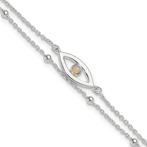 925 Sterling Silver Polished Lab Created Opal Eye and Bead Anklet 9" w/1in ext. - Picture 1 of 5