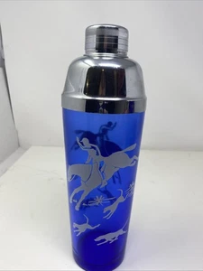VTG Hazel Atlas Cobalt Blue Cocktail Martini Shaker Horse Dog Fox Hunting MCM - Picture 1 of 5
