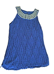 Y2K blau Häkel Babydoll Oberteil klein ärmellos Messing Metallkragen Festival Fee - Bild 1 von 11