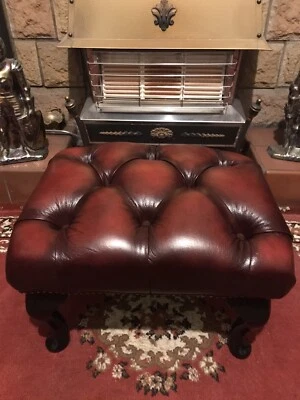Red Oxblood Antique Leather Chesterfield Footstool Queen Anne Legs Pouffe - Image 1 of 4