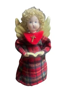 Vtg Christmas Choir Girl Angel Red Felt Porcelain Face Blonde Curls Cross 9.5" - Picture 1 of 5
