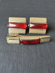 Vintage Gold Tone Crimson Red Stone Mens Cuff Links & Tie Clip Set ANSON - Picture 1 of 7