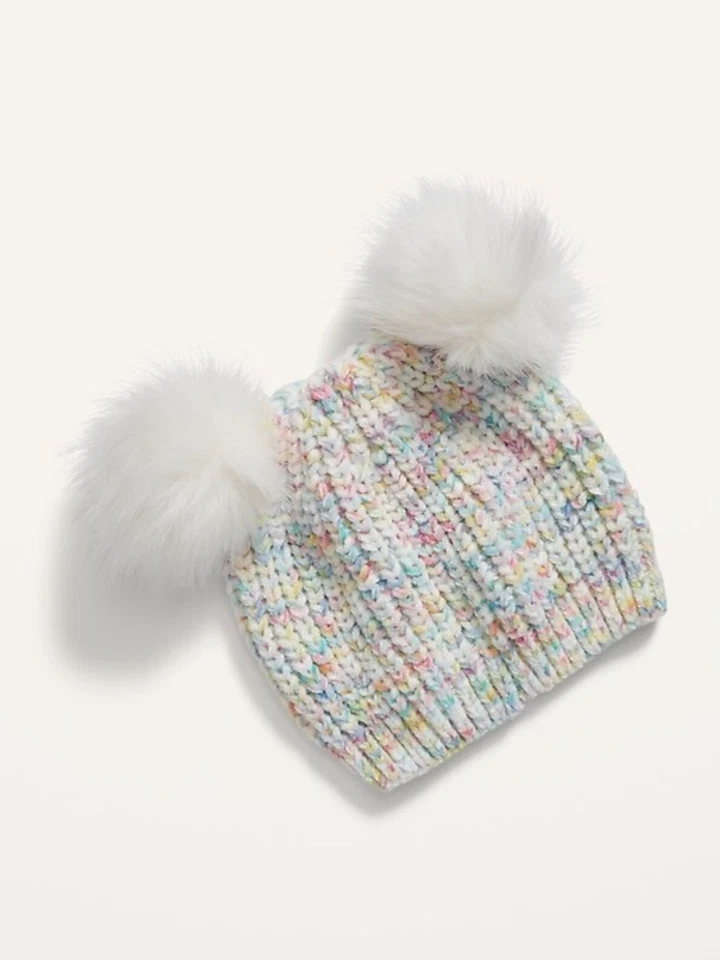 Antiguo gorro de chenilla cálido con pompón doble azul marino para niñas pequeñas talla mediana 2T-3T Foto 1 de 1