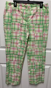 LILLY PULITZER Pantalones Etiqueta Blanca Talla 10 Verde y Rosa Madras A Cuadros Abertura Trasera EC - Imagen 1 de 10