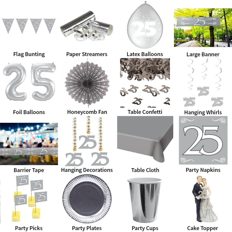 25TH SILVER WEDDING ANNIVERSARY PARTY DECORATIONS - PARTYWARE COMPLETE SELECTION - Image 1 of 1