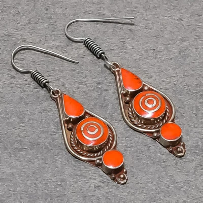 Red Coral Handmade Bohemian Fashion Ethnic Jewelry Nepali Earrings 2.4" SR 5294 - Image 1 of 4