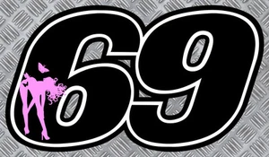 NUMERO 69 NOIR/ROSE SEXY 12cmX7cm RACING GP MOTO AUTOCOLLANT STICKER NU006 - Foto 1 di 1
