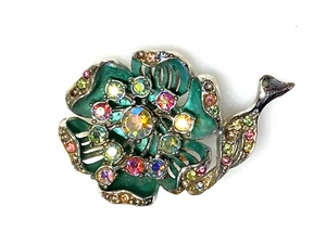 Vintage Brooch Jewellery Flower Green Enamel Crystals Few Seed Crystals missing - Picture 1 of 7