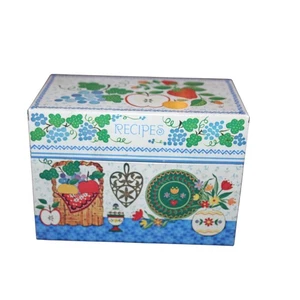 Vintage Metal Recipe Tin Blue With Fruit Apples Strawberry Recipe Cards - Picture 1 of 3