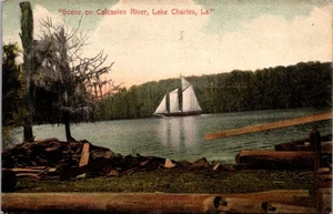 Sailing Ship on CALCASIEN RIVER Lake Charles, Louisiana LA c1908 boat Postcard - Picture 1 of 2