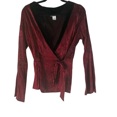 Dressbarn Y2k Red Velvet Sparkle Blouse Black Wrap Top Large Witchy Whimsigoth - Image 1 of 4