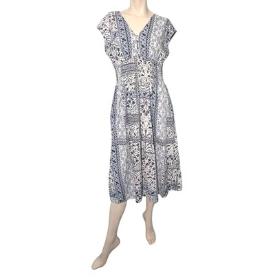 Old Navy Womens Blue White Paisley V Neck Midi Dress Size Medium Bohemian Casual - Image 1 of 4