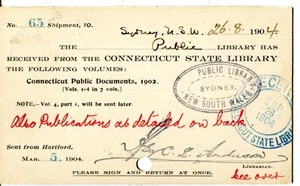 26 Aug. 1904 Sydney Australia Public Library cover CT USA Public library on card - Picture 1 of 3
