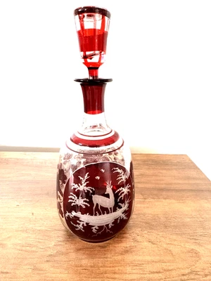 Ruby Cut-to-Clear Glass Decanter-Stag Wood Scene-Bohemian-Vtg-Flashed-Ivy - Image 1 of 4