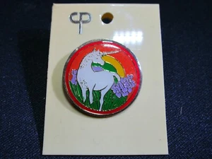 Vintage NOS CP Rainbow Unicorn Fantasy 80's Enamel Lapel Pin 1" Round Pride - Picture 1 of 2
