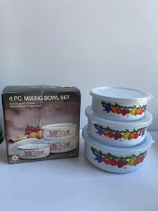 Vintage Fruit 6 Pc Mixing Bowl Set Stainless Steel Plastic Lids Deadstock - Picture 1 of 11