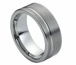 8mm Men's or Ladies Tungsten carbide Flat Brushed w. Groove wedding band ring  - Picture 1 of 1