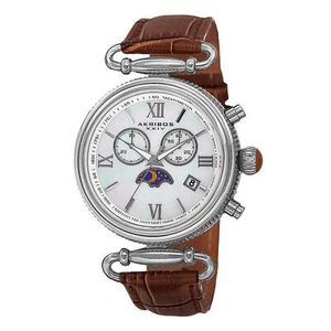 Women's Akribos XXIV AK754BR Swiss Chronograph Moon-phase Genuine Leather Watch - Picture 1 of 4
