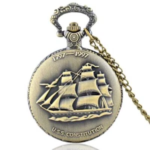 Vintage Retro USS Constitution Quartz Movement Pocket Watch Pendant Chain Gift - Picture 1 of 6
