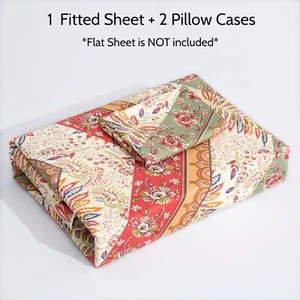 DaDa Bedding Botanical Boho Cranberry Sage Chevron Floral Fitted Bed Sheet Set - Picture 1 of 10