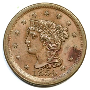 Moneda de 1 centavo grande cabello trenzado 1854 N-14 R-2 - Imagen 1 de 2
